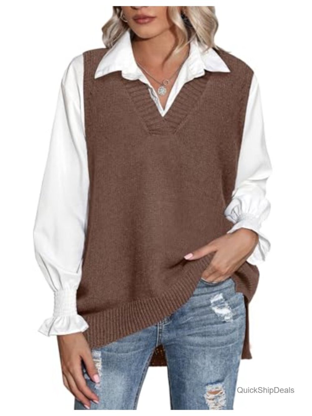 Sleeveless V-Neck Oversized Knitted Sweater Vest Pullover Fall Outfit